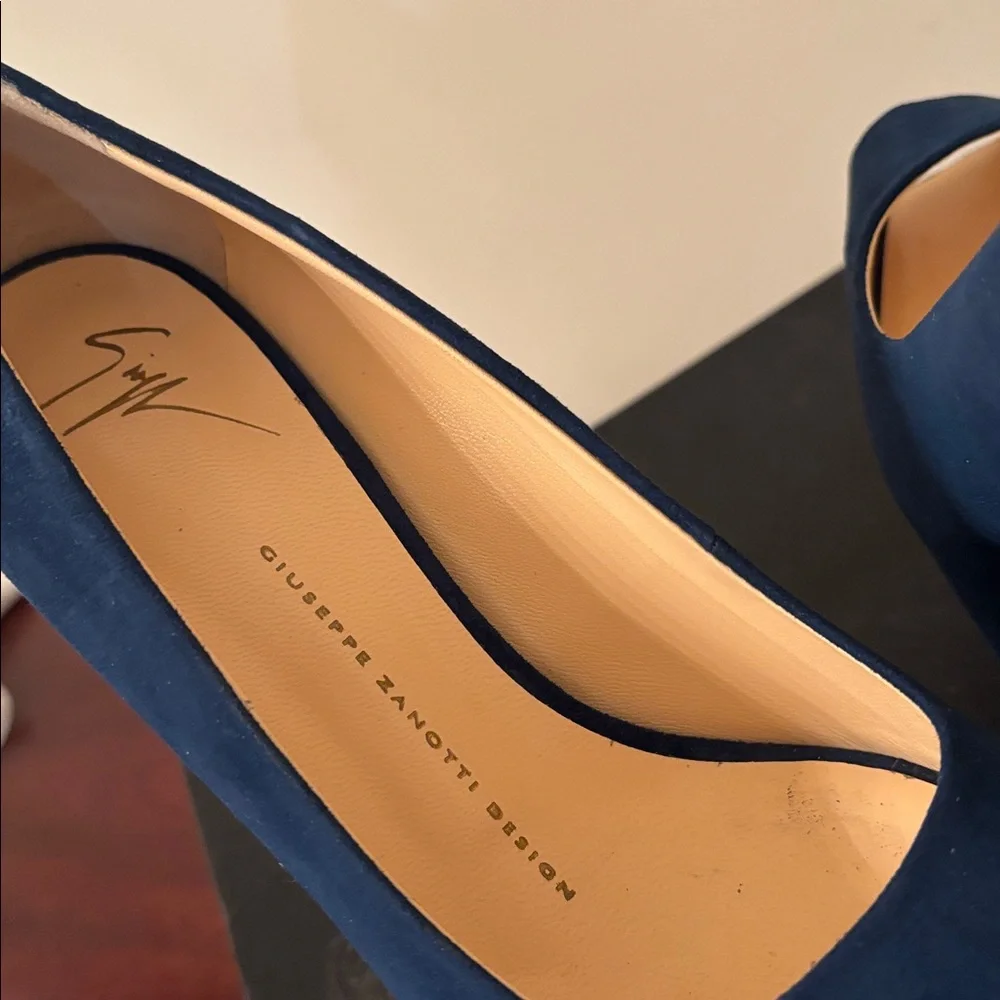 Giuseppe Zanotti Suede Leather Blue Stiletto Liza 90 Open Toe Platform Pump 7.5